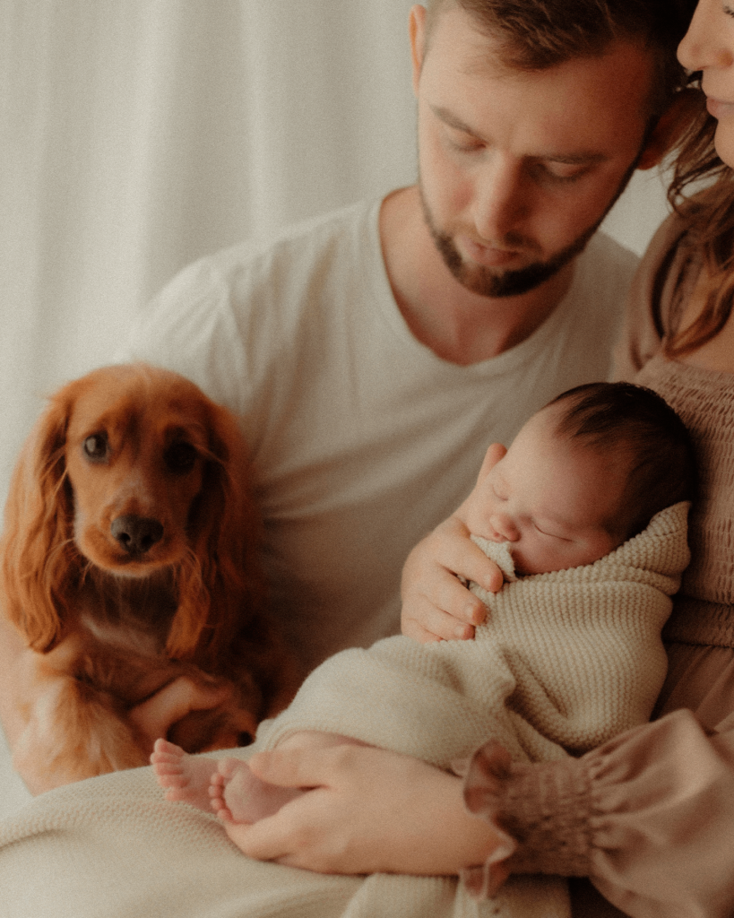cotswold family photographer taking a photo of a family together, cuddling a newborn baby and a brown spaniel puppy. 